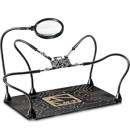M-T Helping Hands Soldering Station, Magnetic Third Hand Tool PCB Holder with 5X Magnifying Glass 13x9 IN Non-Slip Steel Weighted Base 4 Arms for Electronic Repair Soldering Jewelry Crafts and Welding