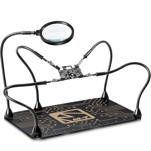 M-T Helping Hands Soldering Station, Magnetic Third Hand Tool PCB Holder with 5X Magnifying Glass 13x9 IN Non-Slip Steel Weighted Base 4 Arms for Electronic Repair Soldering Jewelry Crafts and Welding