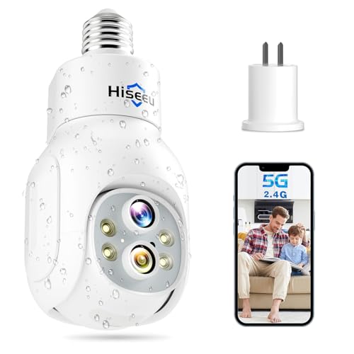 Hiseeu Light Bulb Security Camera Wireless WiFi 5G&2.4GHz,10X Zoom PTZ Light Socket Security Camera Waterproof, 2-Way-Audio, Auto Tracking, 3MP Color Night Vision, SD&Cloud Storage (Dual Lens)