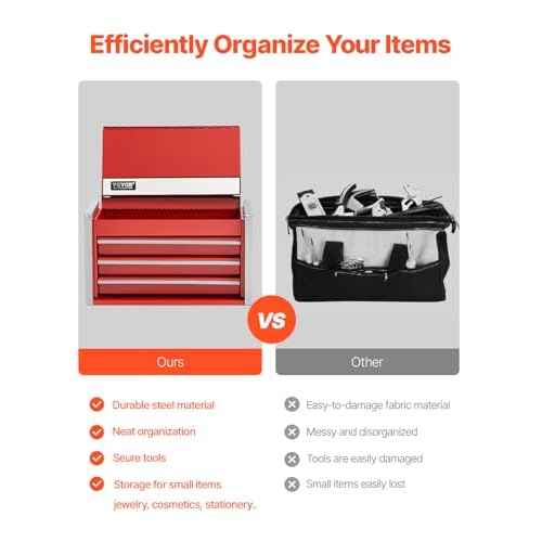 VEVOR Metal Tool Box, 8.6-inch, Portable Metal Tool Box with 3 Drawers, Small Tool Chest with EVA Liners and PP Feet Pads, Heavy-Duty Steel With Ball Bearing Opening and Powder Coated Finish, Red