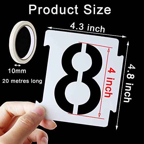 4 Inch Curb Stencil Kit 0-9 Address Number Stencil, 20Pcs Reusable 14 Mil Mylar Plastic Numbers Stencils with Masking Tape for Painting on Road, Wall, Wood, Mailbox(4"Tall)