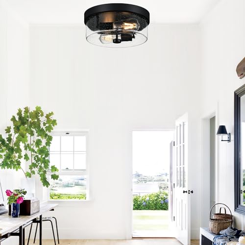 Matte Black Farmhouse 2-Light Flush Mount Ceiling Light Fixture with Seeded Glass Shade