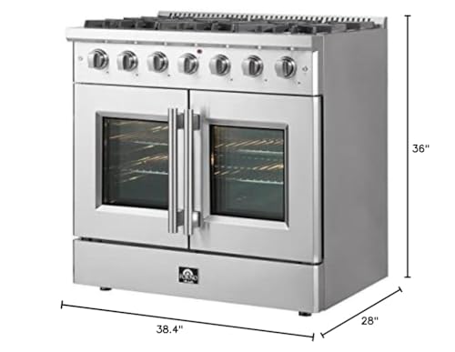 FORNO Vittorio Full Gas 36" Inch. French Door Freestanding Range 6 Sealed Burners Cooktop - 5.36 Cu. Ft. Gas Convection Oven Capacity - Stainless Steel Stove Range Heavy Duty Cast Iron Grates