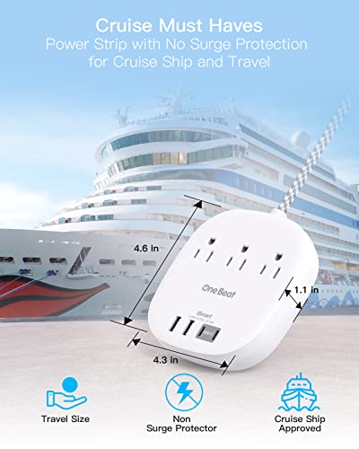 One Beat Travel Power Strip with Flat Plug & 6Ft Braided Cord - White, No Surge, Cruise Ready