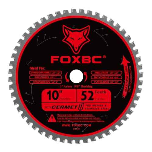 FOXBC 10 Inch Metal Steel Cutting Saw Blade 52 Teeth, 1" Arbor with 5/8" Bushing, Cermet Carbide Up to 5X Longer Life