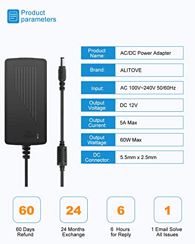 ALITOVE 12V 5A Power Supply Adapter 60W for LED Strips - 1 Pack