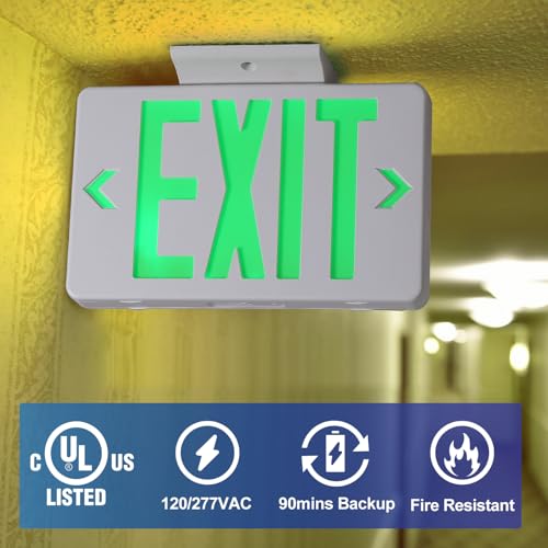 TANLUX Green LED Emergency Exit Sign with Battery Backup, Hardwired, 120/277V, UL Listed — 1 Pack