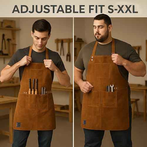 RUSTIC TOWN Leather Grill Work Apron with Tool Pockets ~ Adjustable up to XXL for Men & Women ~ Leather Tool Apron