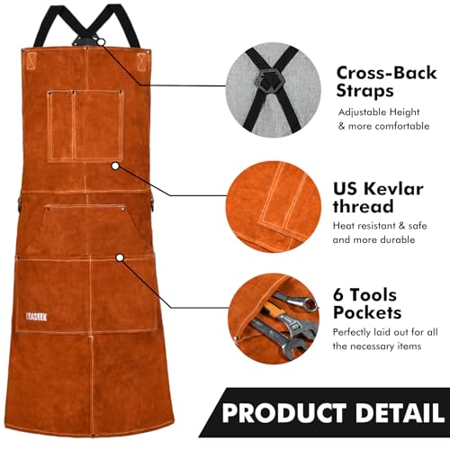 LeaSeek Leather Welding Apron - Flame and Heat Resistant Bib Apron with 6 Pockets