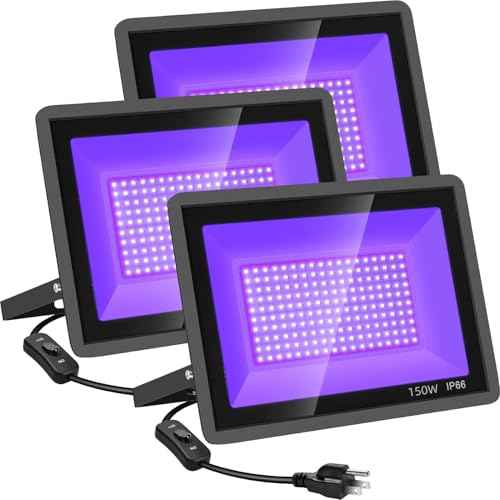 3 Pack 150W LED Black Lights, Blacklight Flood Light Outdoor with Plug and Switch, IP66 Waterproof for Dance Party, Glow in The Dark, Halloween Lights, Body Paint, Fluorescent Poster