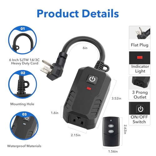 BN-LINK Wireless Outdoor Indoor Remote Control Outlet Switch 1 Pack