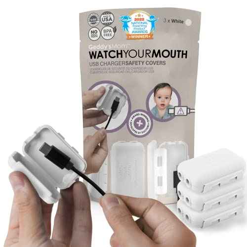 Geddy¢¥s Mom Watch Your Mouth USB Charger Protector Award-Winning Baby Proof Cord Protector| BPA & Phthalate-Free Charger Protector | Electrical Safety Baby Products (3-Pack, White)