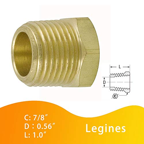 Legines Brass Pipe Fitting Hex Bushing 1/2" NPT Male to 3/8" NPT Female Adapter - Pack of 2