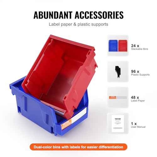 VEVOR Plastic Stackable Storage Bins 24 Pack (5 x 4 x 3-Inch), Hanging Stackable Storage Organizer Bins, Heavy Duty Stacking Containers for Closet, Garage, Office, or Small Parts Organization