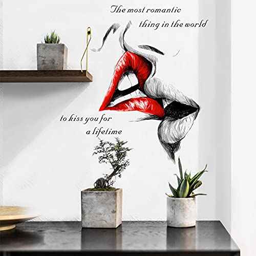 COKOYY Sexy Red Lips Kiss Wall Decals, Kiss You for a Lifetime Quotes Wall Stickers, Kissing Lips Fashion Silhouette Mural, Removable DIY Vinyl Decor Wallpaper for Bedroom, Living Room, TV Wall