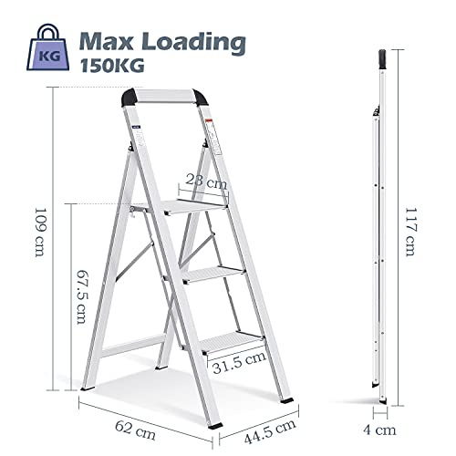 KINGRACK 3-Step Aluminium Ladder with Handrail - Lightweight Foldable Step Stool for Kitchen, Garage, Home, Silver
