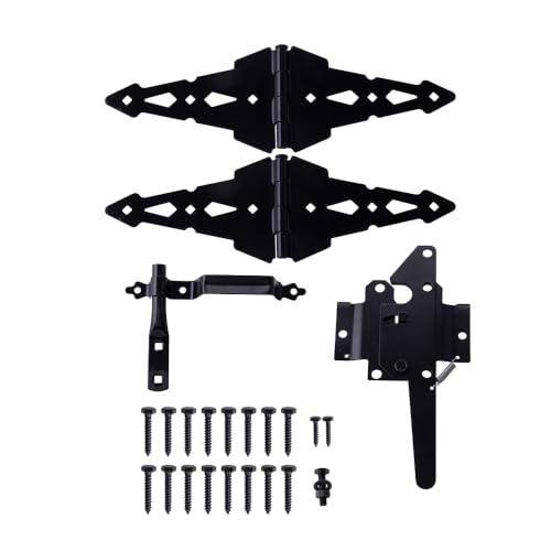 8-Inch Heavy Duty Decorative Strap Hinges with Spring Latch for Fence Gate - Black, Reversible, Easy Install