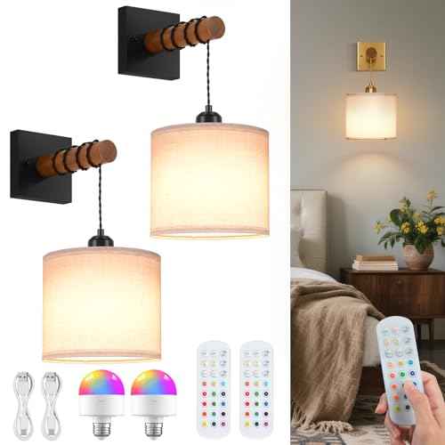 Battery Operated Wall Sconces Set of 2, 8000mAh Rechargeable Sconce RGB 15 Colors Dimmable Wall Sconce Wireless Battery Powered Sconces Decor Wall Lights for Living Room Bedroom Black
