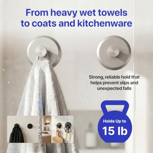 HOME SO Brushed Nickel Suction Cup Hooks 2-Pack - No Drilling Bathroom Towel Holders
