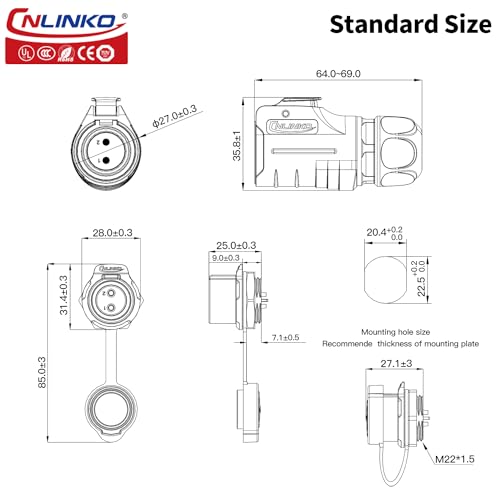 CNLINKO Waterproof 2 Pin Circular Power Connector IP68 with Black Single-Hole Socket