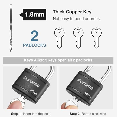 Puroma 2-Key Black Padlock with 3 Keys, 7/8" (40mm) School Locker & Gate Lock - Variation 2