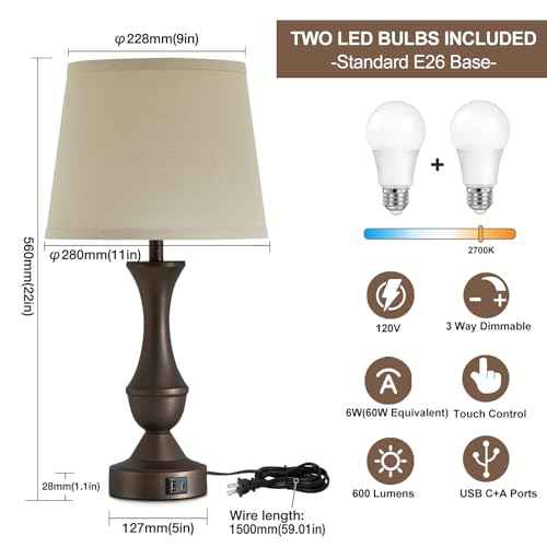 Luvkczc 22" Table Lamp Set of 2 - Vintage Brown Bedside Lamp with Beige Fabric Shade, 3-Way Dimmable, USB C+A Ports, Nightstand Lamp for Living Room Bedroom (Bulb Included)
