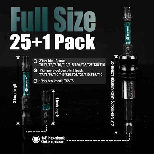 Torx Bit Set(T5-T40), 26 Pack Security Torx Bits Set with Magnetic Tips,Tamper Proof Star Bits Set S2 Alloy Steel, 1"&2" Long Impact Torque Bit Set & 2.3" Self-locking Quick Change Extension