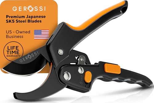 Gerossi Heavy Duty Ratchet Pruning Shears - Orange, 2-in-1 Garden Hand Pruner