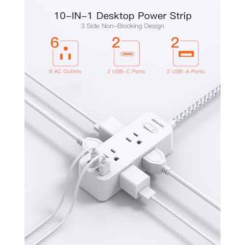 Power Strip Surge Protector, BESHON 5Ft Extension Cord, 6 Outlets with 4 USB Ports (2 USB C Outlet), 3-Side Outlet Extender, Wall Mount, Compact for Travel, Home, School, College Dorm Room and Office