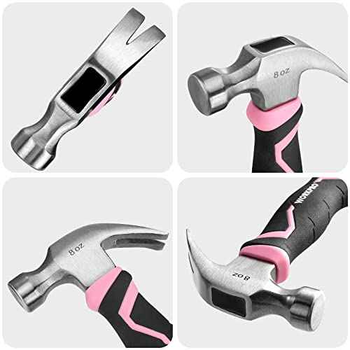 WORKPRO 8 oz Claw Hammer with Fiberglass Handle, All Purpose Hammer with Forged Hardened Steel Head, Pink Ribbon