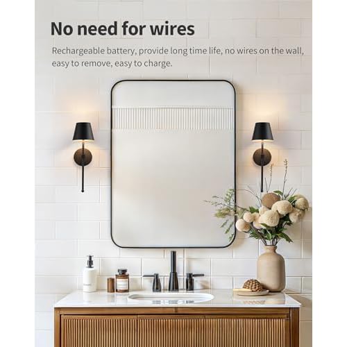 KDG Wireless Wall Sconces Set of 2, Small Cordless 5200mAh Rechargeable Battery LED Wall Lamps, Stepless Dimming Lightings for Wall Painting, Living Room, Bedroom, Hallway, Gifts, Night Light (Black)