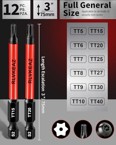 RLVKEAZ 12-Piece Security Torx Bit Set, 3-Inch Impact Magnetic T5-T40, S2 Steel