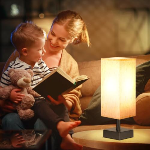 Aooshine Small Bedside Table Lamp with Cream Fabric Shade - Black Base, 12.8in, Modern Nightstand Lighting