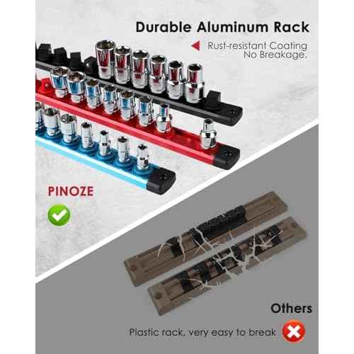 3/8" Magnetic Socket Holder Organizer - Aluminum Alloy Socket Rail Tray for Tool Box Drawer, Socket Rack with Extra 2Pcs Replacement Clips for Automotive Garage(Red)