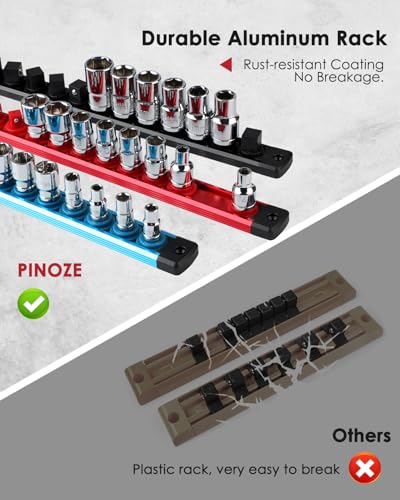 Pinoze 8-Piece Magnetic Socket Organizer Set 1/4 3/8 1/2 with 114 Clips Aluminum