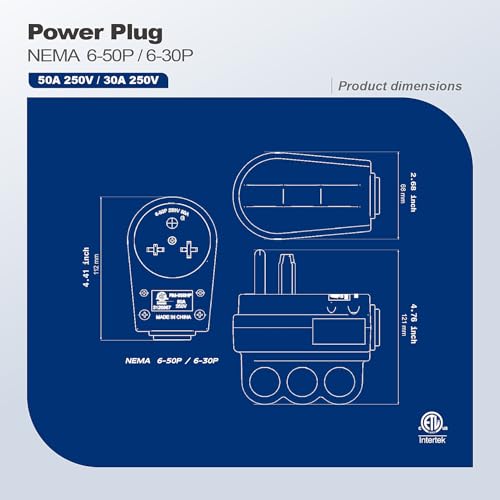 2-in-1 NEMA 6-30P/6-50P Welders Plug 30A/50A 250V ETL Rewirable Male Power Cord