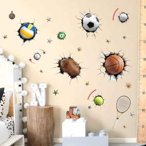 Sports Wall Decals for Boys Room, 3D Sports Basketball Soccer Football Baseball Wall Stickers Art Decor Kids Girls Children Teenage Baby Toddler Bathroom Bedroom Nursery Classroom