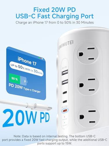10FT White Tower Power Strip with 20W PD USB-C Fast Charging Port