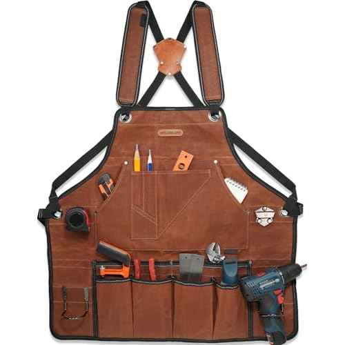 WELKINLAND 11-Pockets Waxed-Canvas Tool Apron, Heavy-Duty Carpenter Apron, Comfy Woodworking Apron, Convenient Workshop Apron, Fully-Adjustable Shop Aprons For Men, Well-Padded Work Aprons For Men