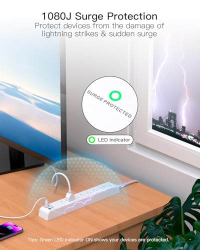 Mifaso White & Grey 10FT Surge Protector Power Strip with Flat Plug, 6 AC & 4 USB Ports