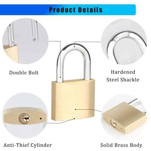 Solid Brass Padlock with 3 Keys, Locker Lock with Brass Body & Steel Shackle, Keyed Padlock for Sheds, Storage Unit, School Gym Locker, Fence, Toolbox, Gate, Warehouse