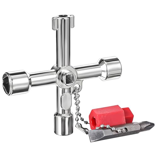 4 Way Water Key with Slotted and Phillips Screwdrivers, Steel Utility Key Faucet Wrench Multi-functional Water Key Sillcock Wrench for Valve Faucet Spigots