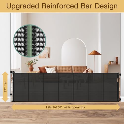 HEELALBABY 37-Inch Tall x 200-Inch Wide Black Retractable Baby Gate with Reinforced Bar - Indoor & Outdoor Mesh Fence for Pets & Kids
