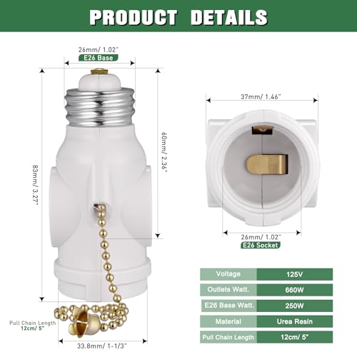 2-Pack E26 Light Socket Adapter with Pull Chain Switch - Converts Medium Screw to Dual Outlets, UL Listed, White