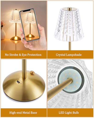 Gold Cordless Touch Table Lamp - Rechargeable Crystal Desk Light, Modern Accent Lighting
