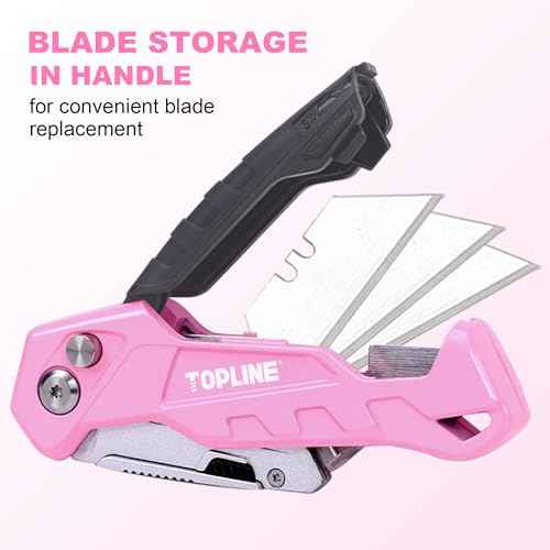 TOPLINE Folding Pink Utility Knife, Pocket Folding Pink Box Cutter, Blade Storage Design, 18-Piece SK5 Blades and a Dispenser Included (1 PACK(PINK))