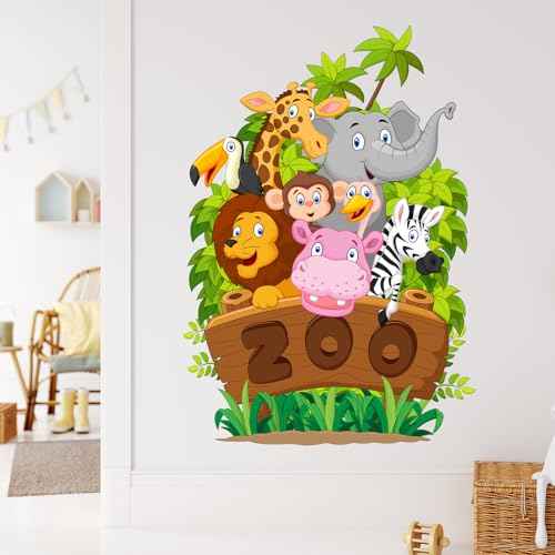 Forest Animals Wall Decals Jungle Zoo Animals Wall Stickers for Kids Room, Lovely Giraffe Elaphant Lion Decor Posters Adorable Zebra Monkey Hippo Art Murals for Nursery Classroom Playroom