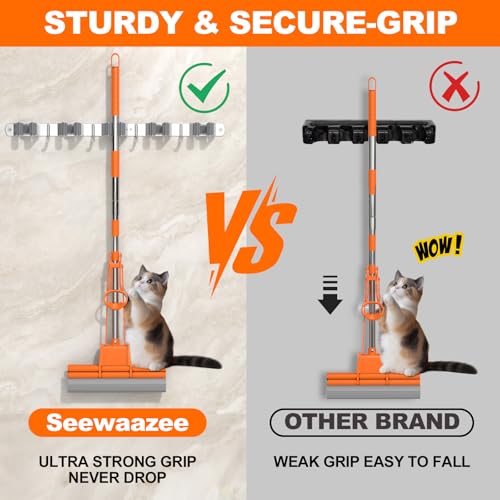 Seewaazee Wall Mount Broom & Mop Holder Organizer - 5 Racks & 4 Hooks