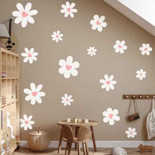 Daisy Wall Decals, Peel and Stick White Flower with Heart Wall Stickers,Daisy Floral Wall Decor for Kids Girls Bedroom Playroom Living Room Nursery