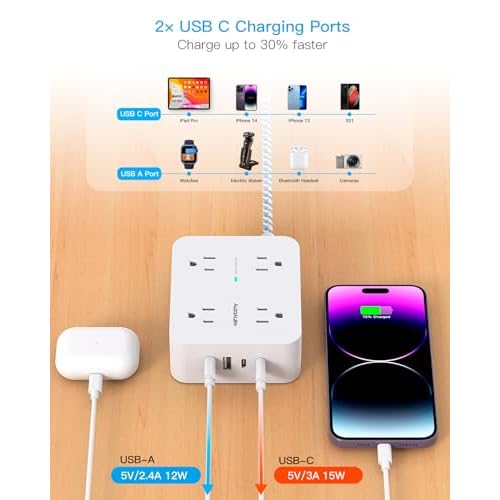 Surge Protector Power Strip - HANYCONY 8 Outlets 4 USB (2 USB C) Charging Ports, Multi Plug Outlet Extender, 5Ft Braided Extension Cord, Flat Plug Wall Mount Desk Charging Station for Home Office ETL